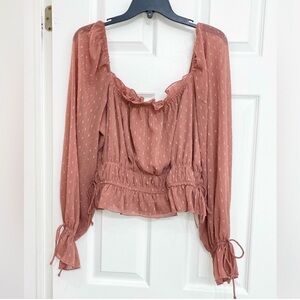 NWOT - Dusty Rose Ruffled Blouse w/ Tie-On Bows, Polka Dot and Metallic Accents